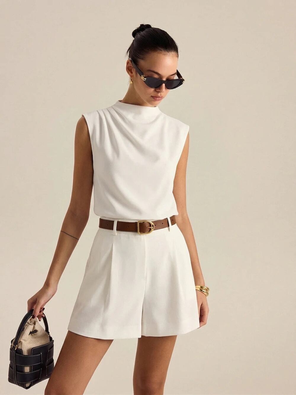 Commense Sleeveless Crop Top Pleated Shorts Two Piece Set White Belted XS NWT